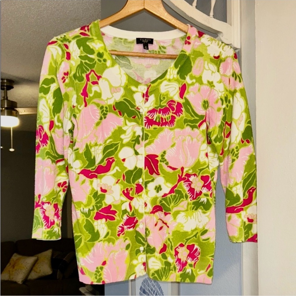 Talbots Women’s Petite Size MP Pink and Green Floral Button Up Sweater